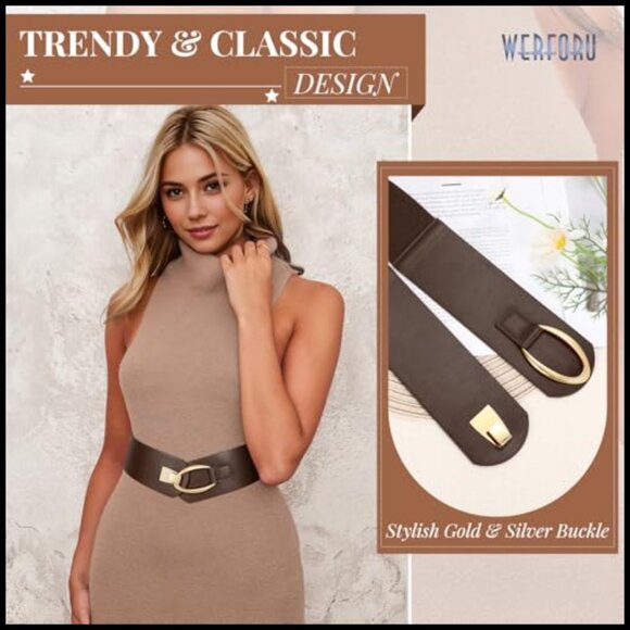 Wide Elastic Belt with Gold Buckle Vintage Y2K Chic Stretch Waistbelt for - Picture 2 of 6